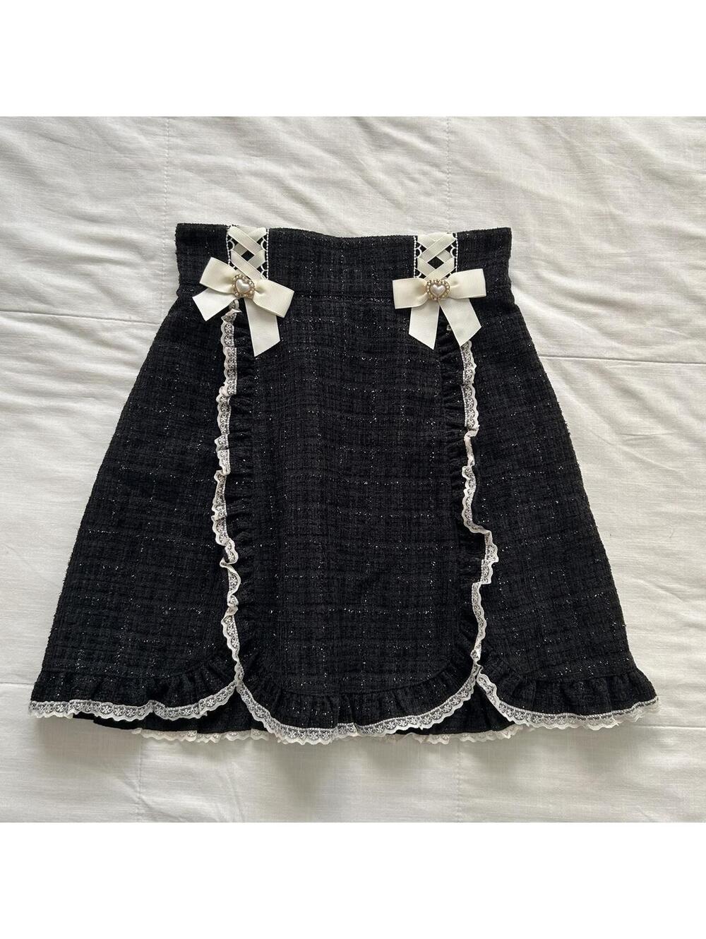 Secret Honey Black Tweed Mini Skirt Ribbon Bows Pearl Heart Lace Trim XS